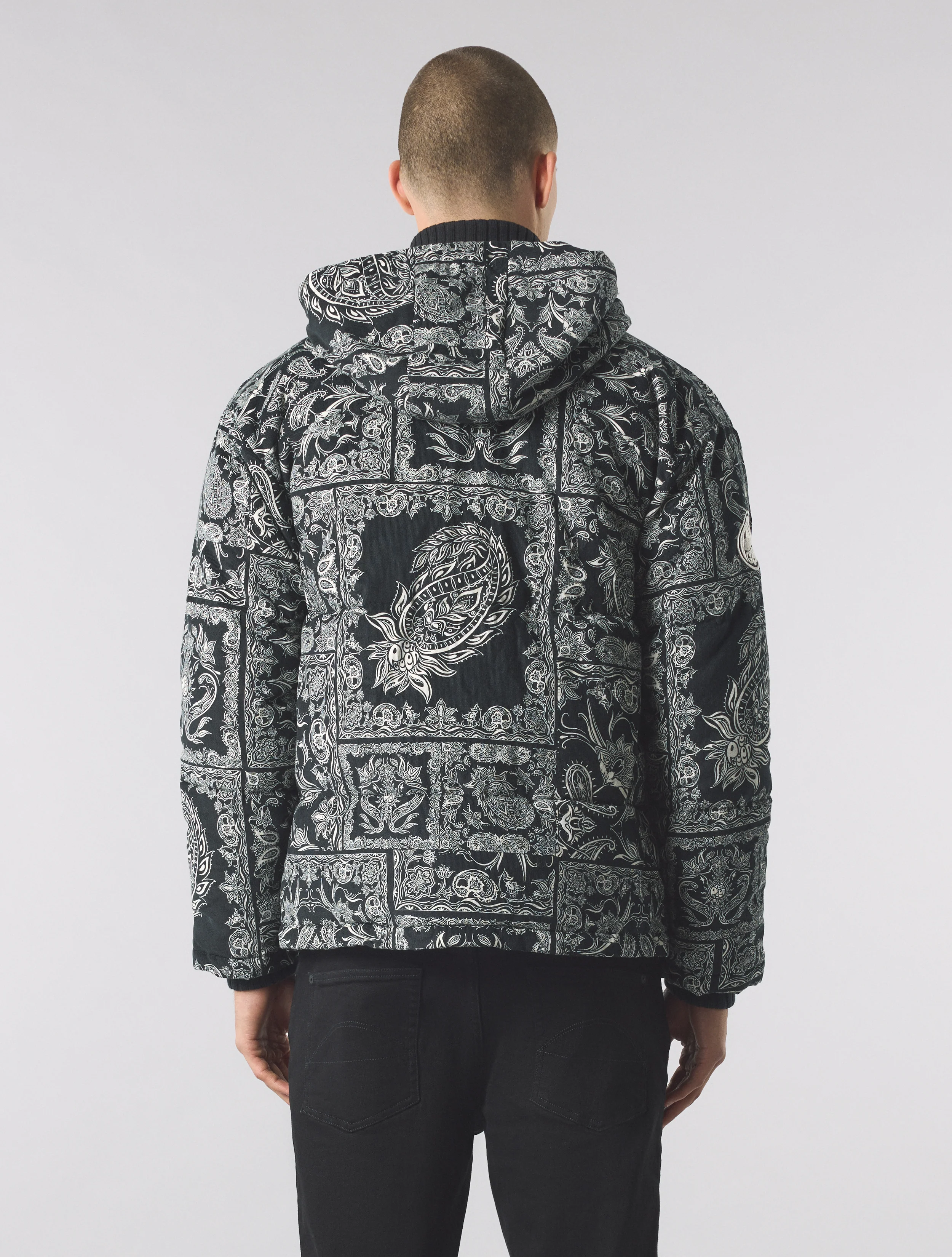 Black Patchwork Paisley Puffer Jacket - Image 4